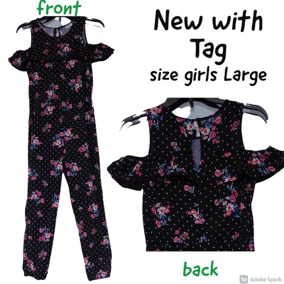 Joey B Floral polka dot print cold shoulder jumpsuit boho girls L - Picture 1 of 14